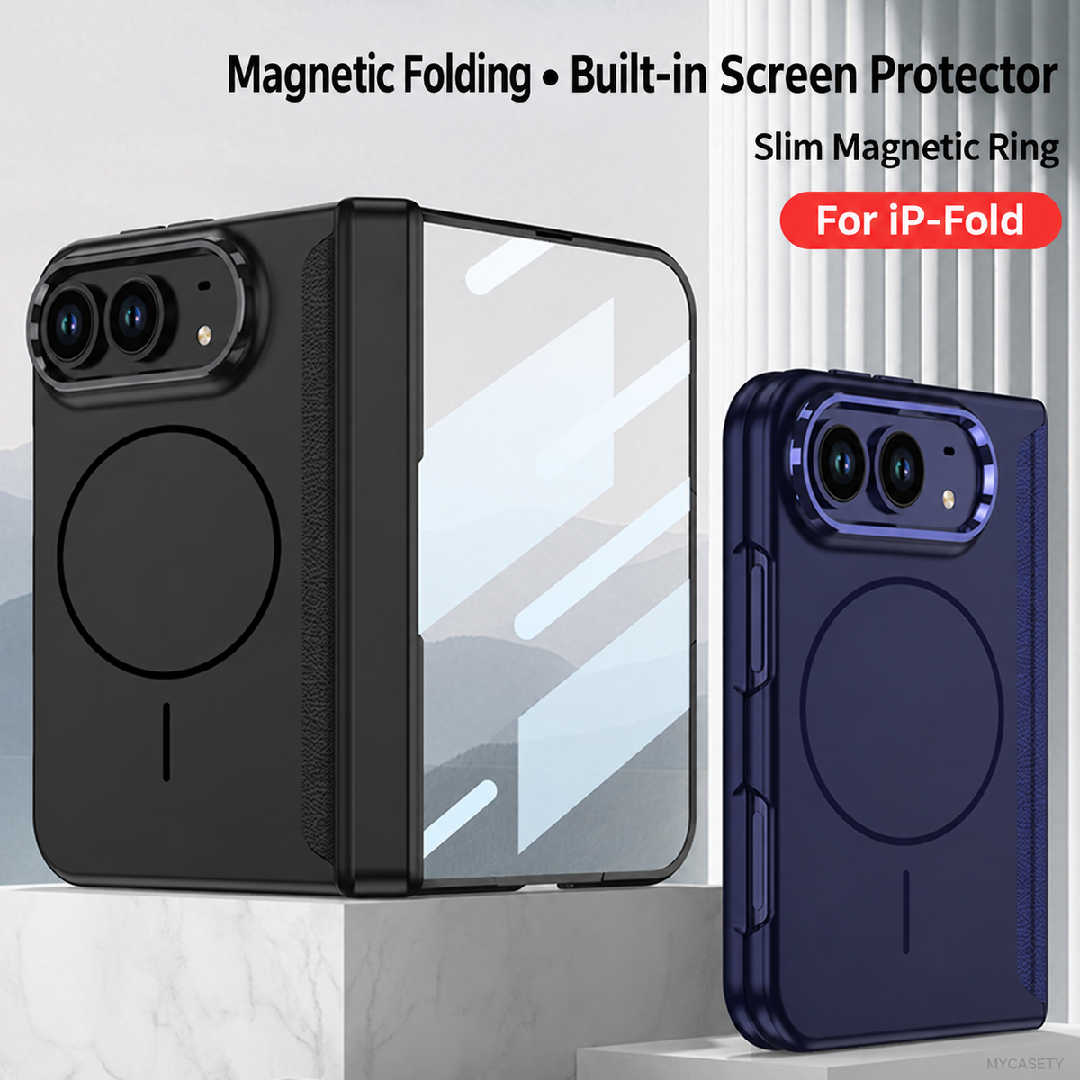 iPhone Duo - Magnetic Hinge Protection Business Cover Built-in Tempered Glass Film & Magnetic Ring