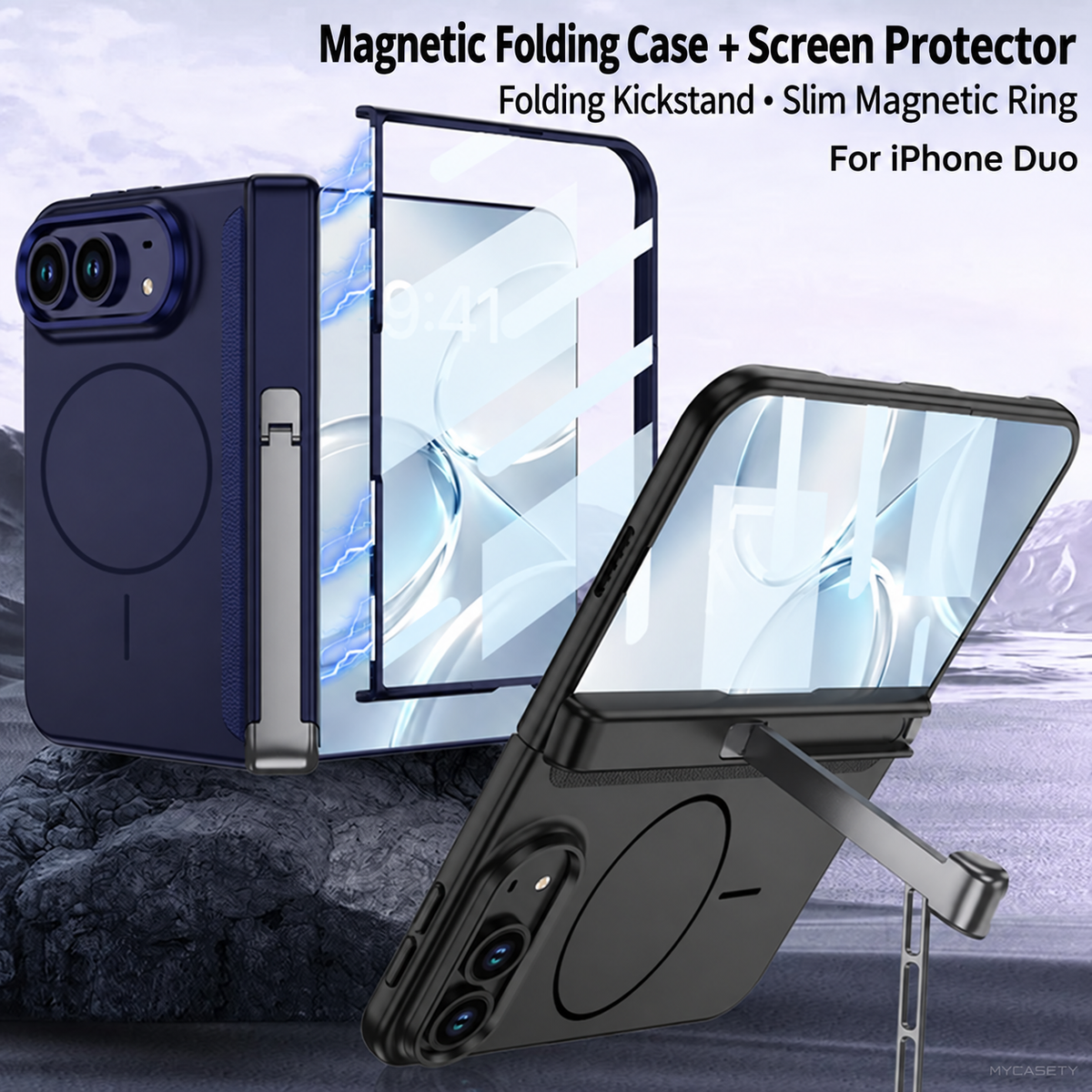 iPhone Duo - Magnetic Hinge Protection Business Cover Built-in Tempered Glass Film & Tri?Fold Kickstand & Magnetic Ring
