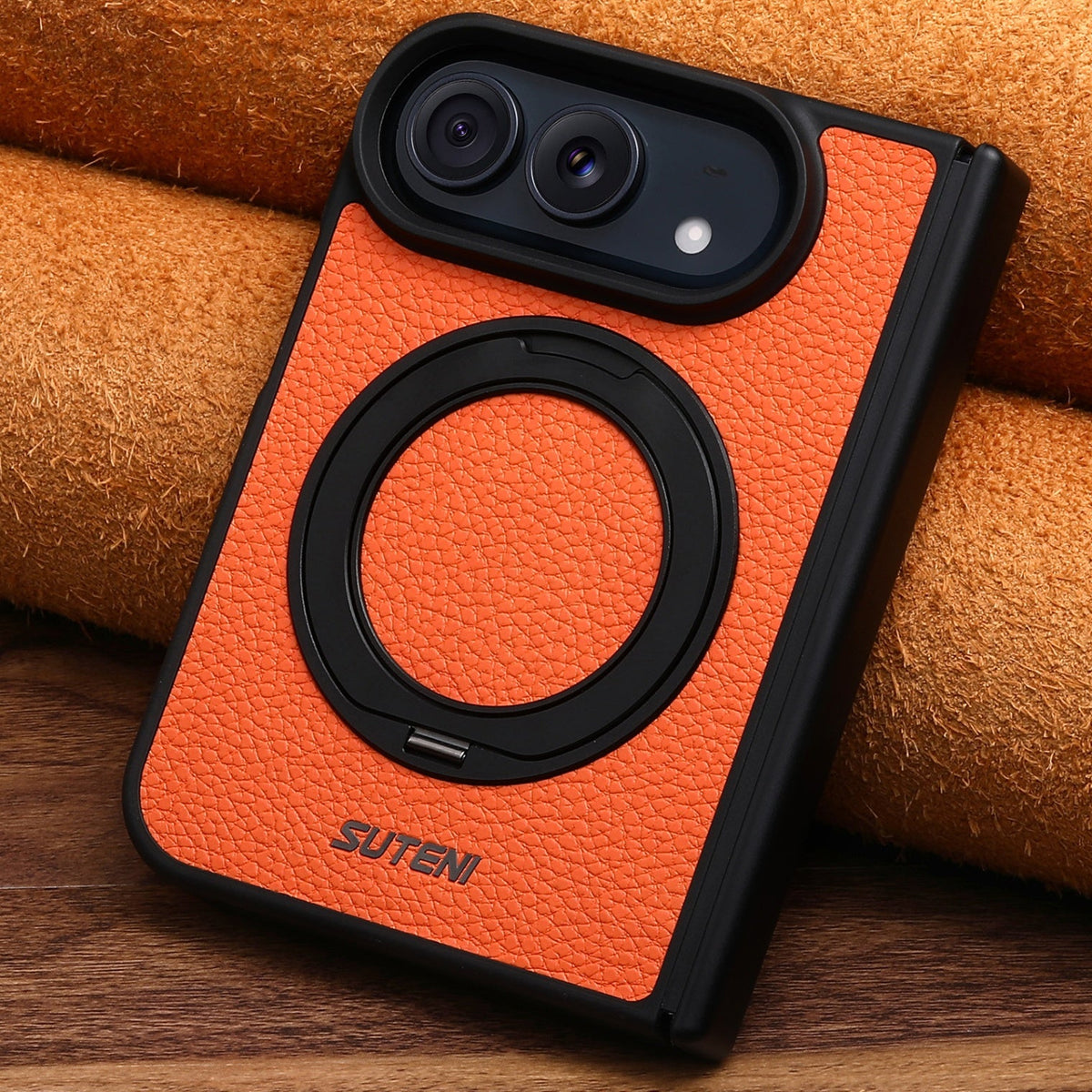 iPhone Duo | Pebbled Magnetic Leather Case with Hinge Protection & 360?? Ring Stand