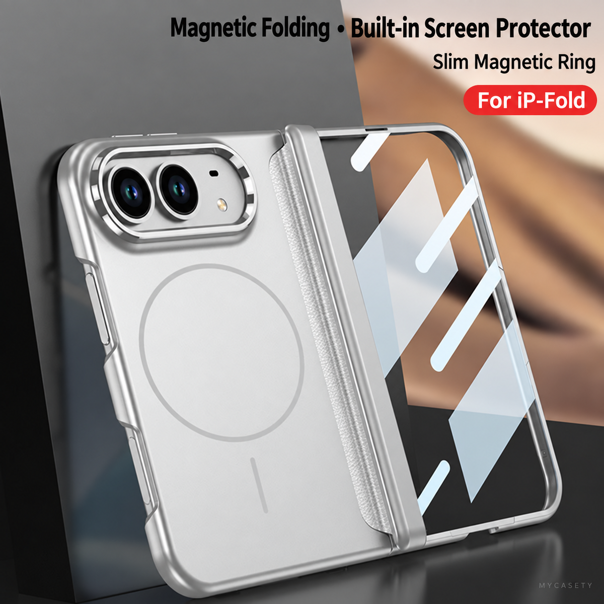 iPhone Duo - Magnetic Hinge Protection Business Cover Built-in Tempered Glass Film & Magnetic Ring