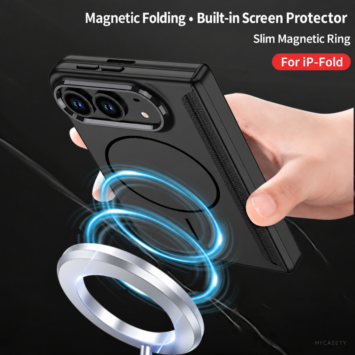 iPhone Duo - Magnetic Hinge Protection Business Cover Built-in Tempered Glass Film & Magnetic Ring