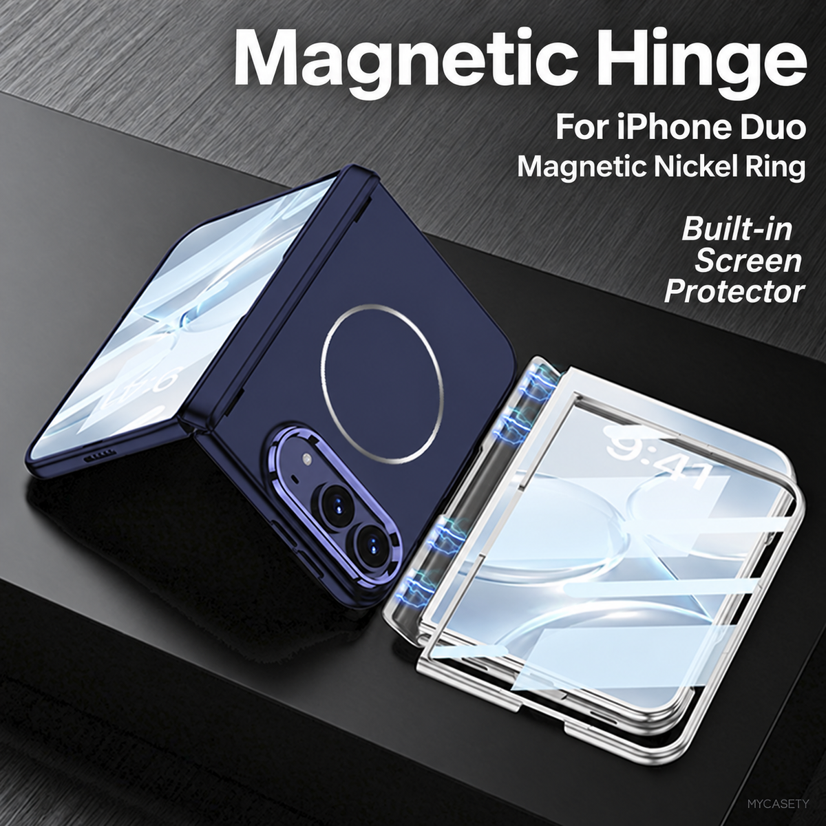 iPhone Duo - Magnetic Hinge Protection Fashion Cover Built-in Tempered Glass Film & Magnetic Ring