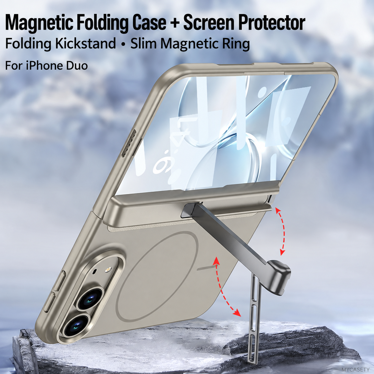 iPhone Duo - Magnetic Hinge Protection Business Cover Built-in Tempered Glass Film & Tri?Fold Kickstand & Magnetic Ring