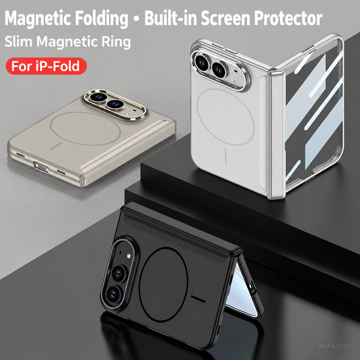 iPhone Duo - Magnetic Hinge Protection Business Cover Built-in Tempered Glass Film & Magnetic Ring