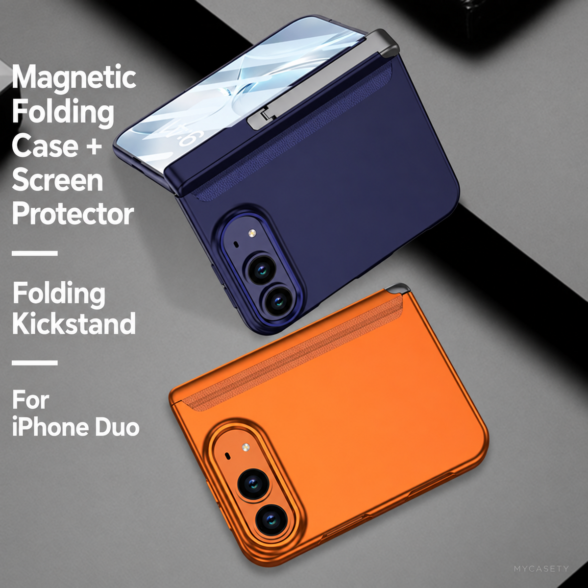 iPhone Duo - Magnetic Hinge Protection Business Cover Built-in Tempered Glass Film & Tri?Fold Side Kickstand
