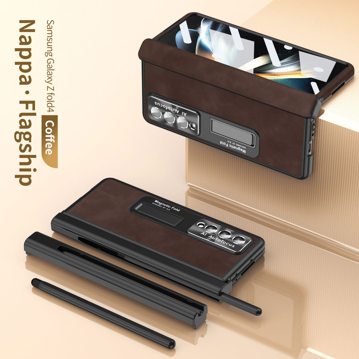 Luxury Nappa Leather Cover Magnetic Hinge Folding Shell Case For Samsung Galaxy Z Fold3 Fold4 Fold5 With S-Pen Slot & Stylus - Mycasety Mycasety