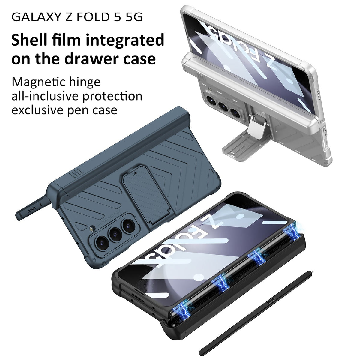 Magnetic Armor All-included Slide Pen Case With Back Screen Glass Hinge Holder Phone Cover For Galaxy Z Fold3 Fold4 Fold5 Fold6