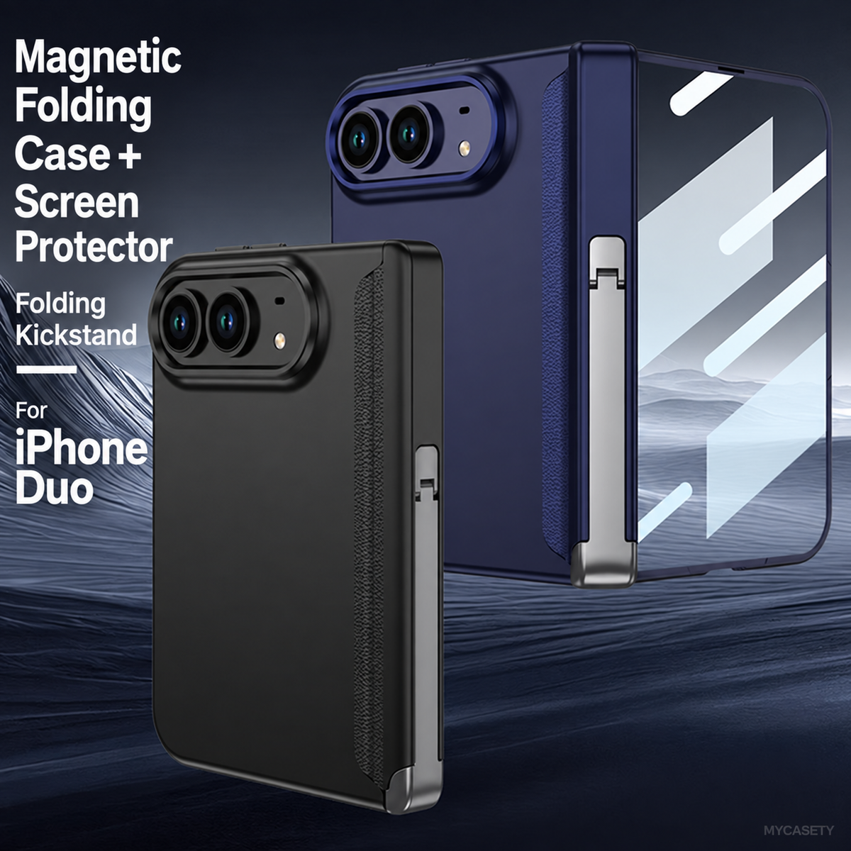 iPhone Duo - Magnetic Hinge Protection Business Cover Built-in Tempered Glass Film & Tri?Fold Side Kickstand