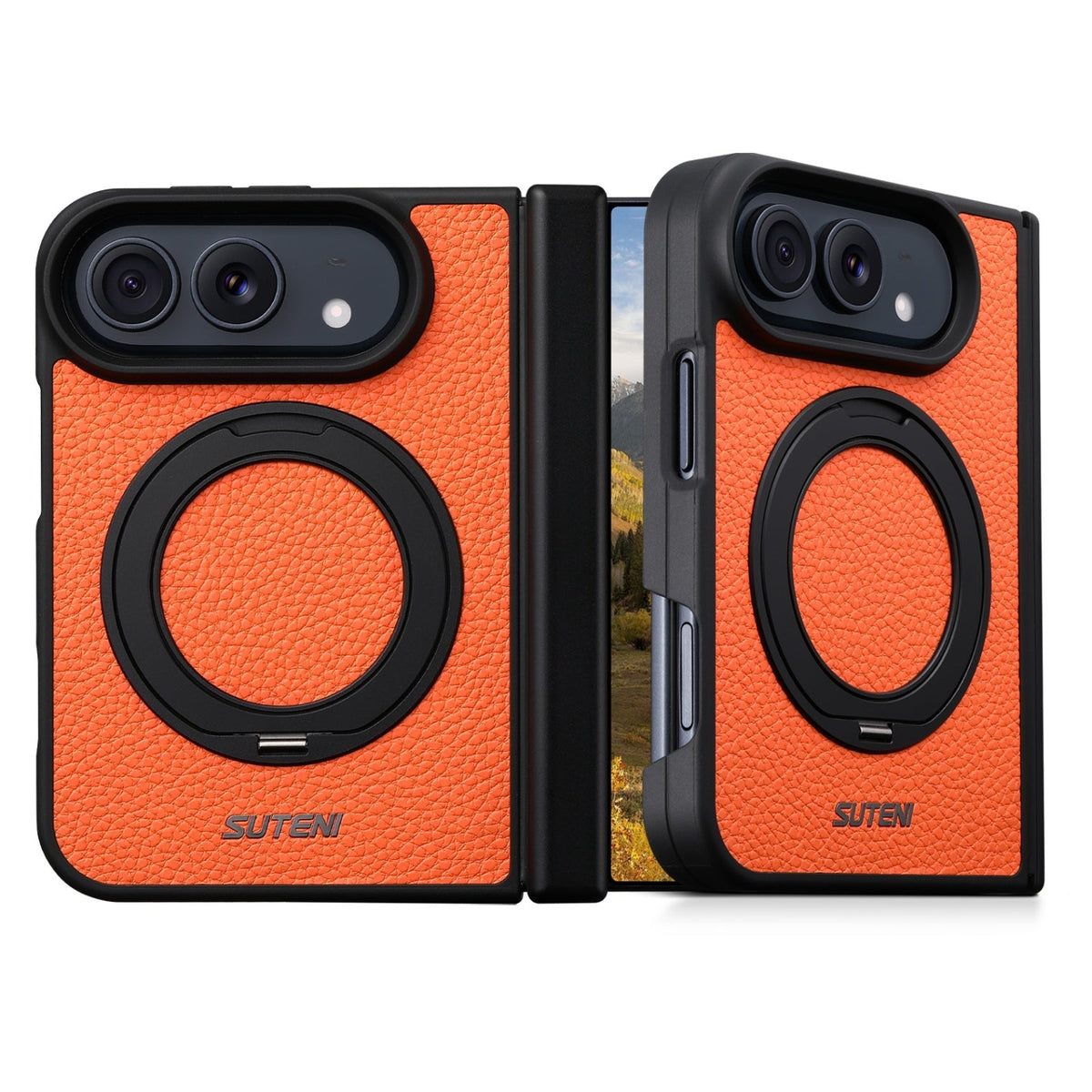 iPhone Duo | Pebbled Magnetic Leather Case with Hinge Protection & 360?? Ring Stand