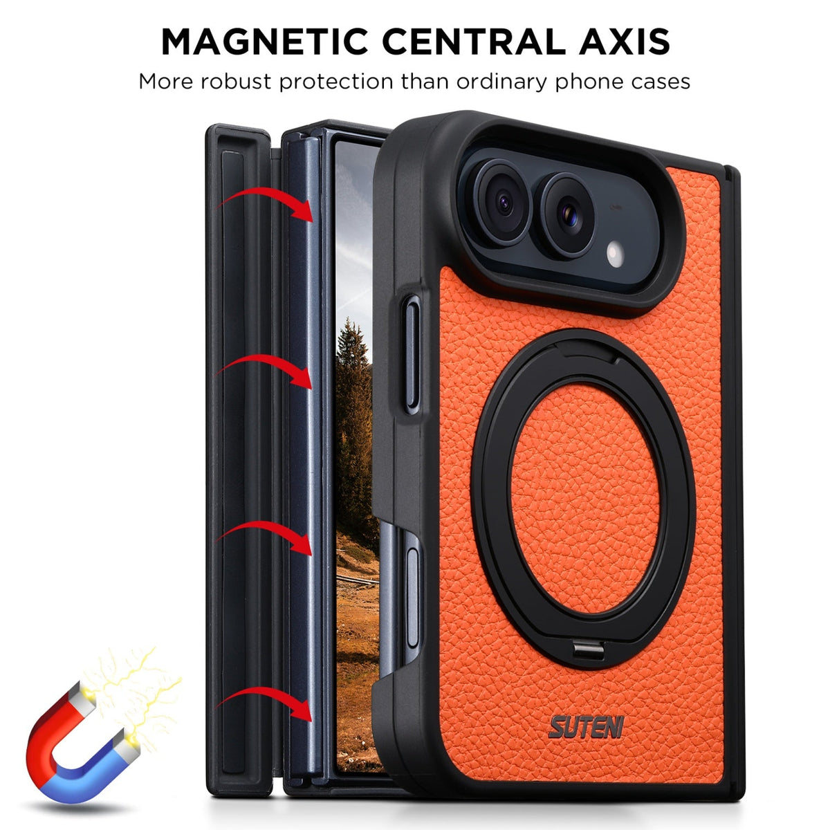 iPhone Duo | Pebbled Magnetic Leather Case with Hinge Protection & 360?? Ring Stand