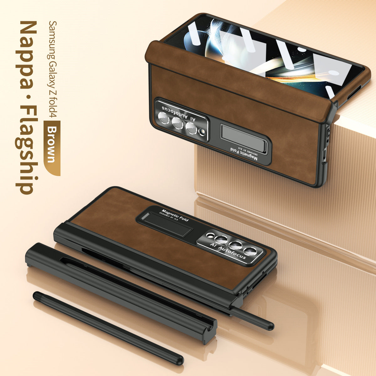Luxury Nappa Leather Cover Magnetic Hinge Folding Shell Case For Samsung Galaxy Z Fold3 Fold4 Fold5 With S-Pen Slot & Stylus - Mycasety Mycasety