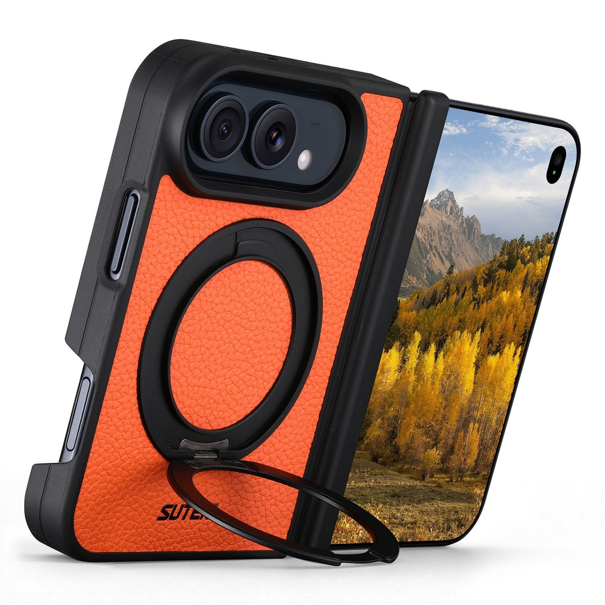 iPhone Duo | Pebbled Magnetic Leather Case with Hinge Protection & 360?? Ring Stand