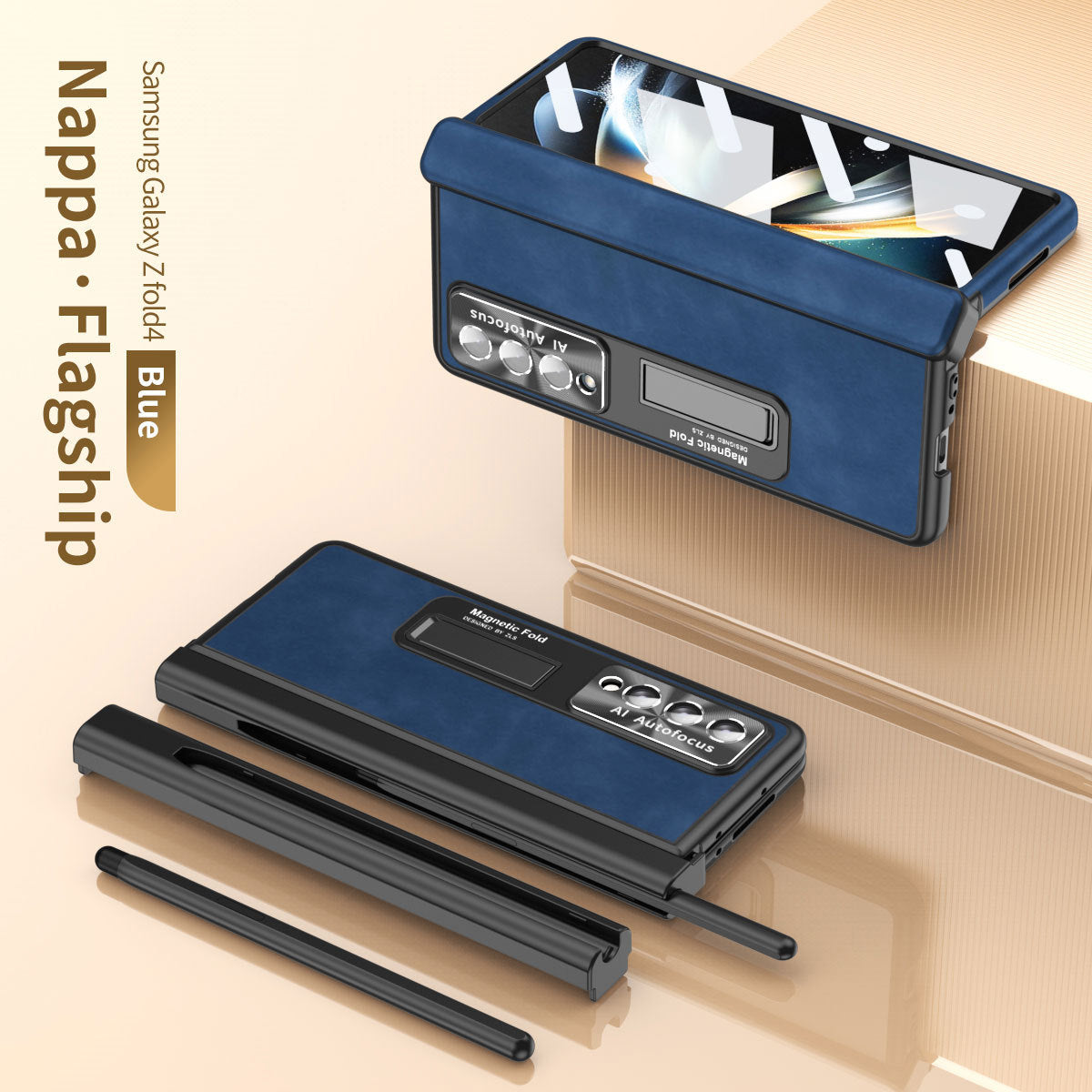 Luxury Nappa Leather Cover Magnetic Hinge Folding Shell Case For Samsung Galaxy Z Fold3 Fold4 Fold5 With S-Pen Slot & Stylus - Mycasety Mycasety