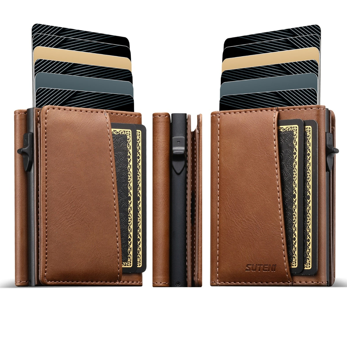 Faux Leather Pop-Up Card Wallet with RFID Blocking & Cash Pocket & Push-Button Pop-Up