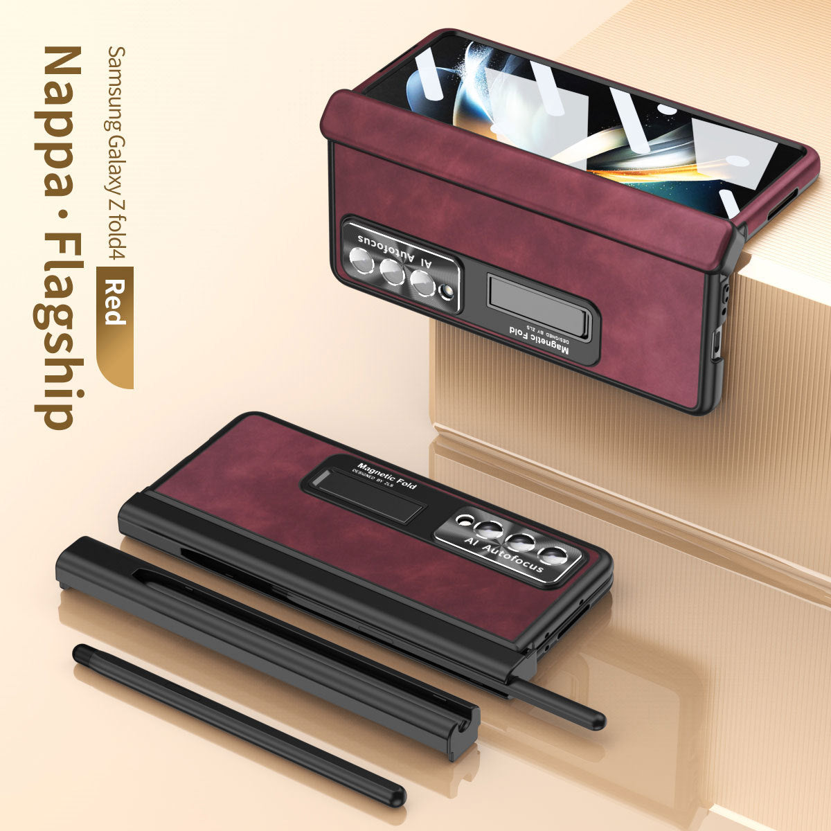 Luxury Nappa Leather Cover Magnetic Hinge Folding Shell Case For Samsung Galaxy Z Fold3 Fold4 Fold5 With S-Pen Slot & Stylus - Mycasety Mycasety