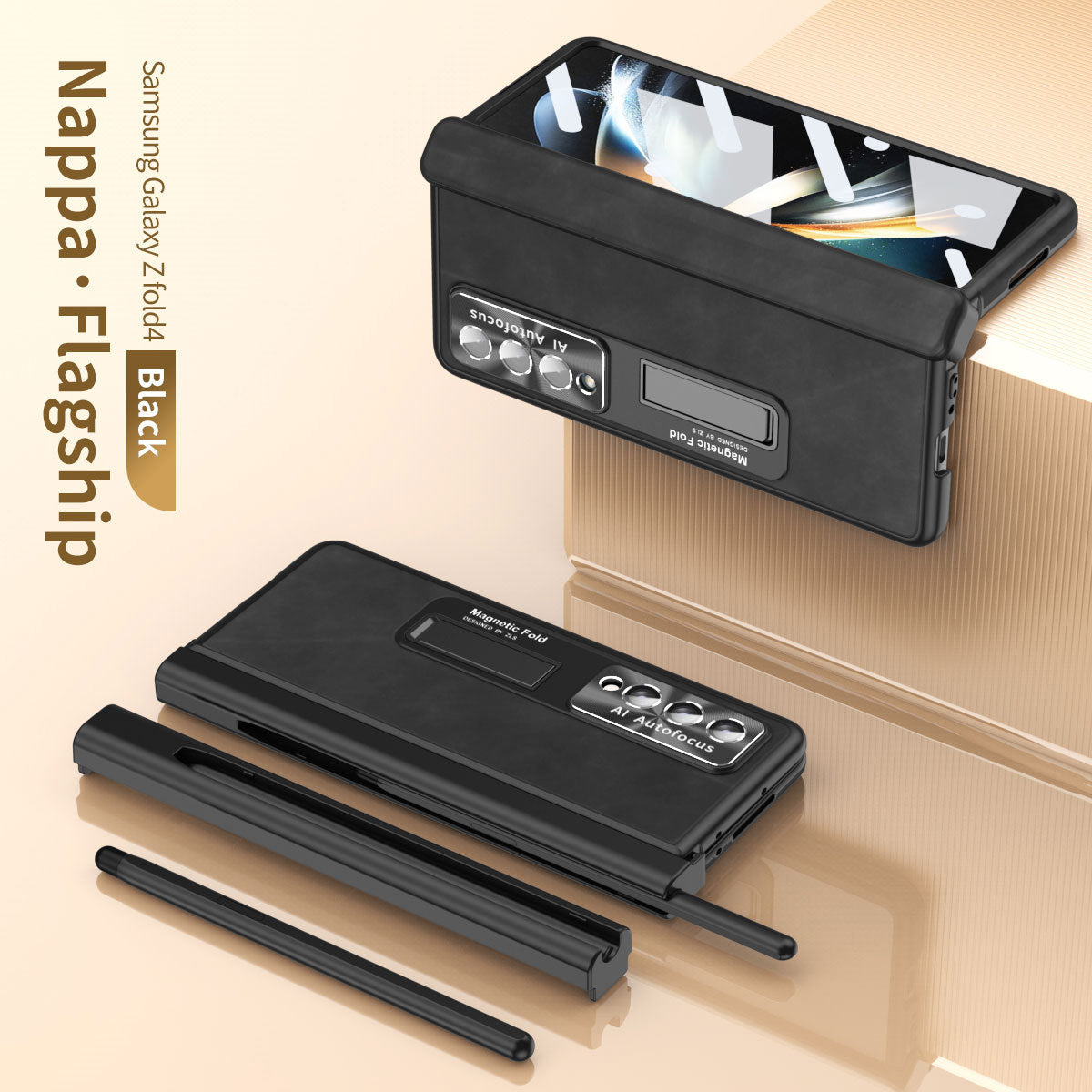 Luxury Nappa Leather Cover Magnetic Hinge Folding Shell Case For Samsung Galaxy Z Fold3 Fold4 Fold5 With S-Pen Slot & Stylus - Mycasety Mycasety