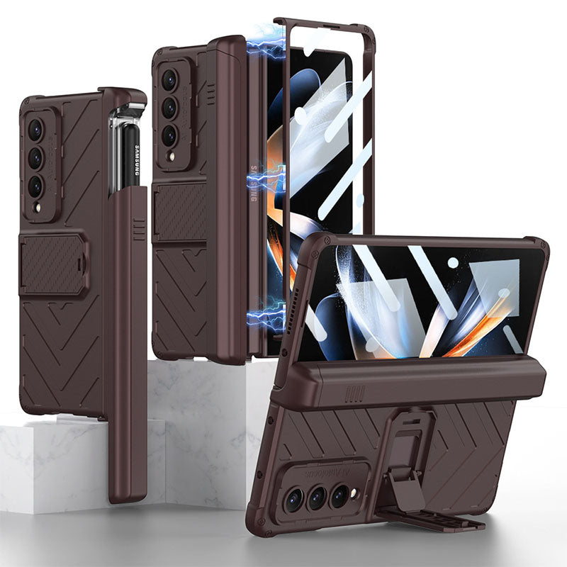 Magnetic Armor All-included Slide Pen Case With Back Screen Glass Hinge Holder Phone Cover For Samsung Galaxy Z Fold3 Fold4 Fold5 - Mycasety Mycasety
