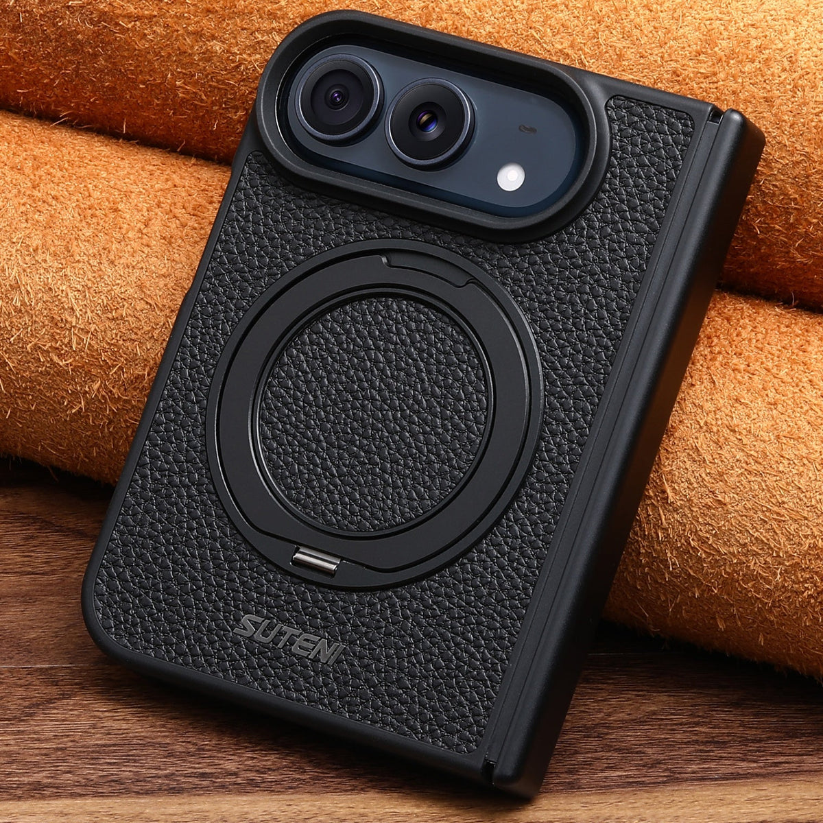 iPhone Duo | Pebbled Magnetic Leather Case with Hinge Protection & 360?? Ring Stand