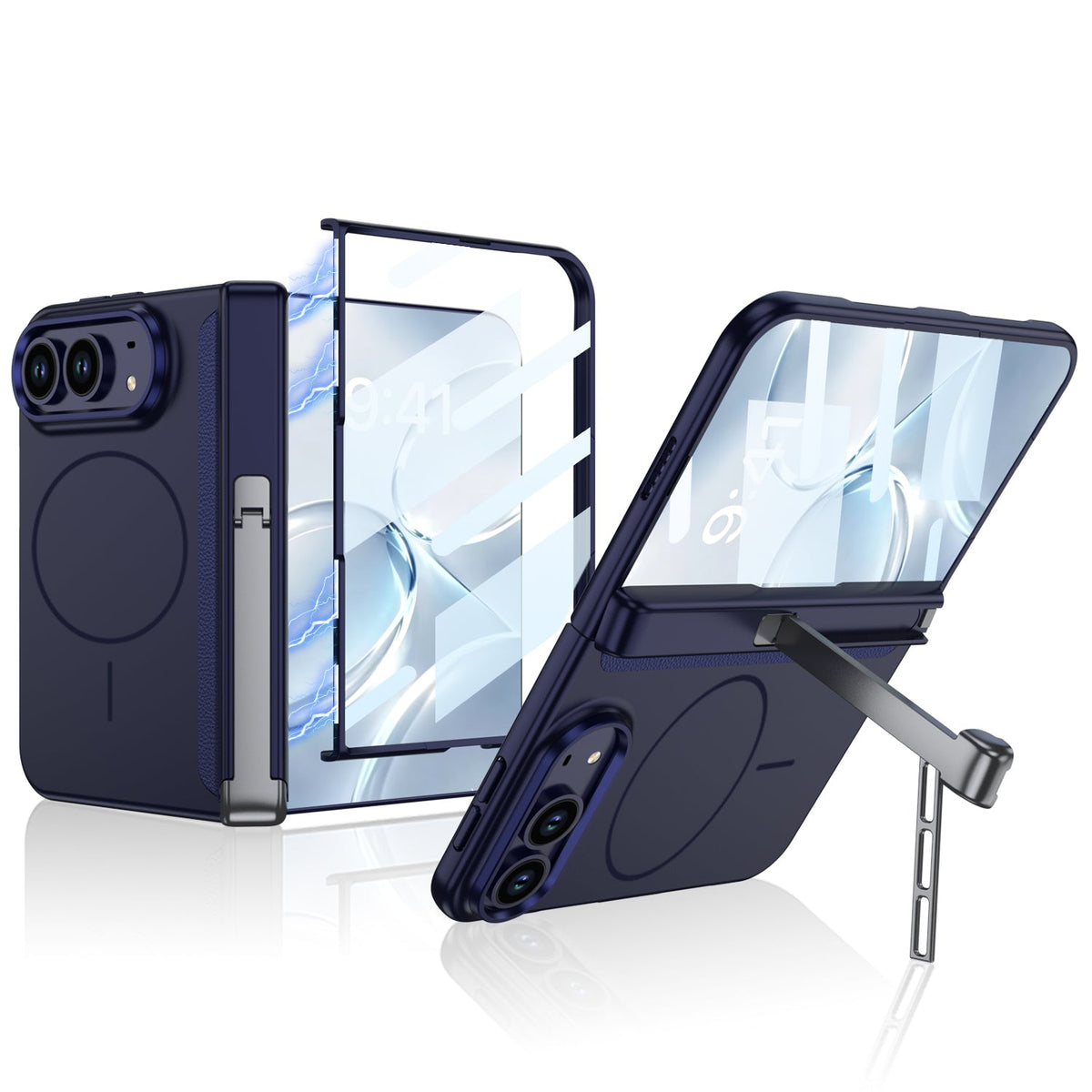 iPhone Duo - Magnetic Hinge Protection Business Cover Built-in Tempered Glass Film & Tri?Fold Kickstand & Magnetic Ring