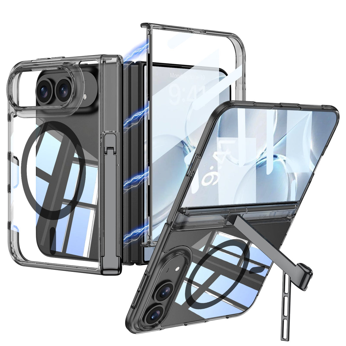 iPhone Duo - Magnetic Hinge Protection Clear Cover Built-in Tempered Glass Film & Tri?Fold Kickstand & Magnetic Ring