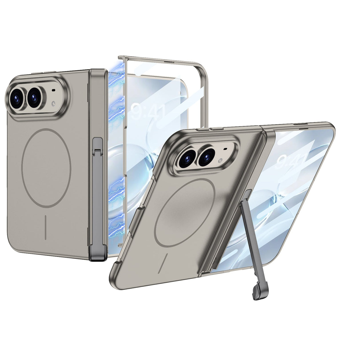 iPhone Duo - Magnetic Hinge Protection Fashion Cover Built-in Tempered Glass Film & Tri?Fold Kickstand & Magnetic Ring