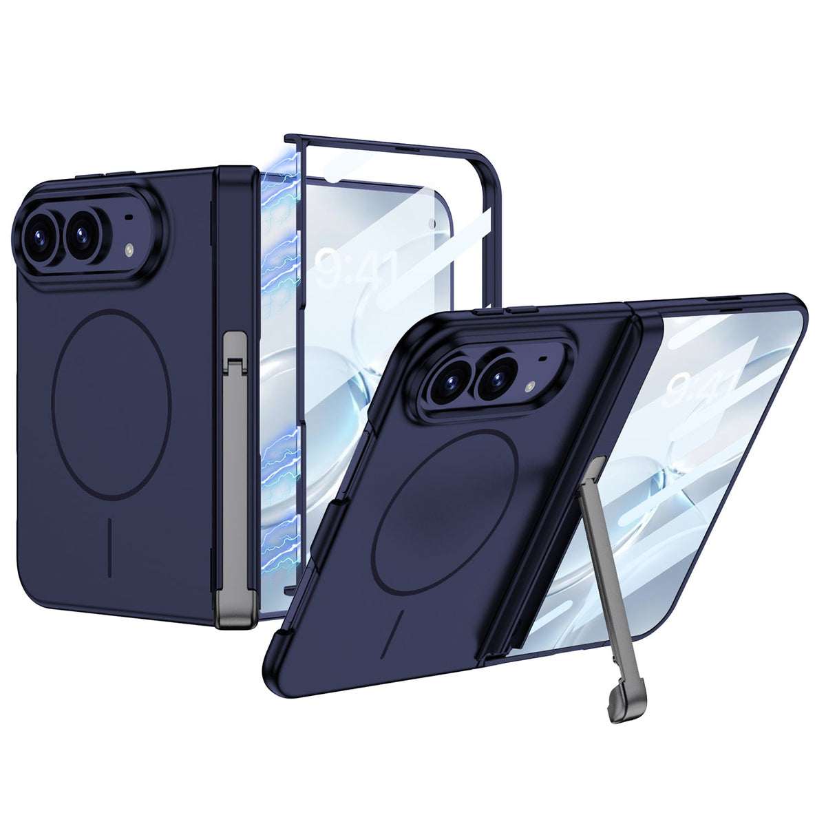iPhone Duo - Magnetic Hinge Protection Fashion Cover Built-in Tempered Glass Film & Tri?Fold Kickstand & Magnetic Ring