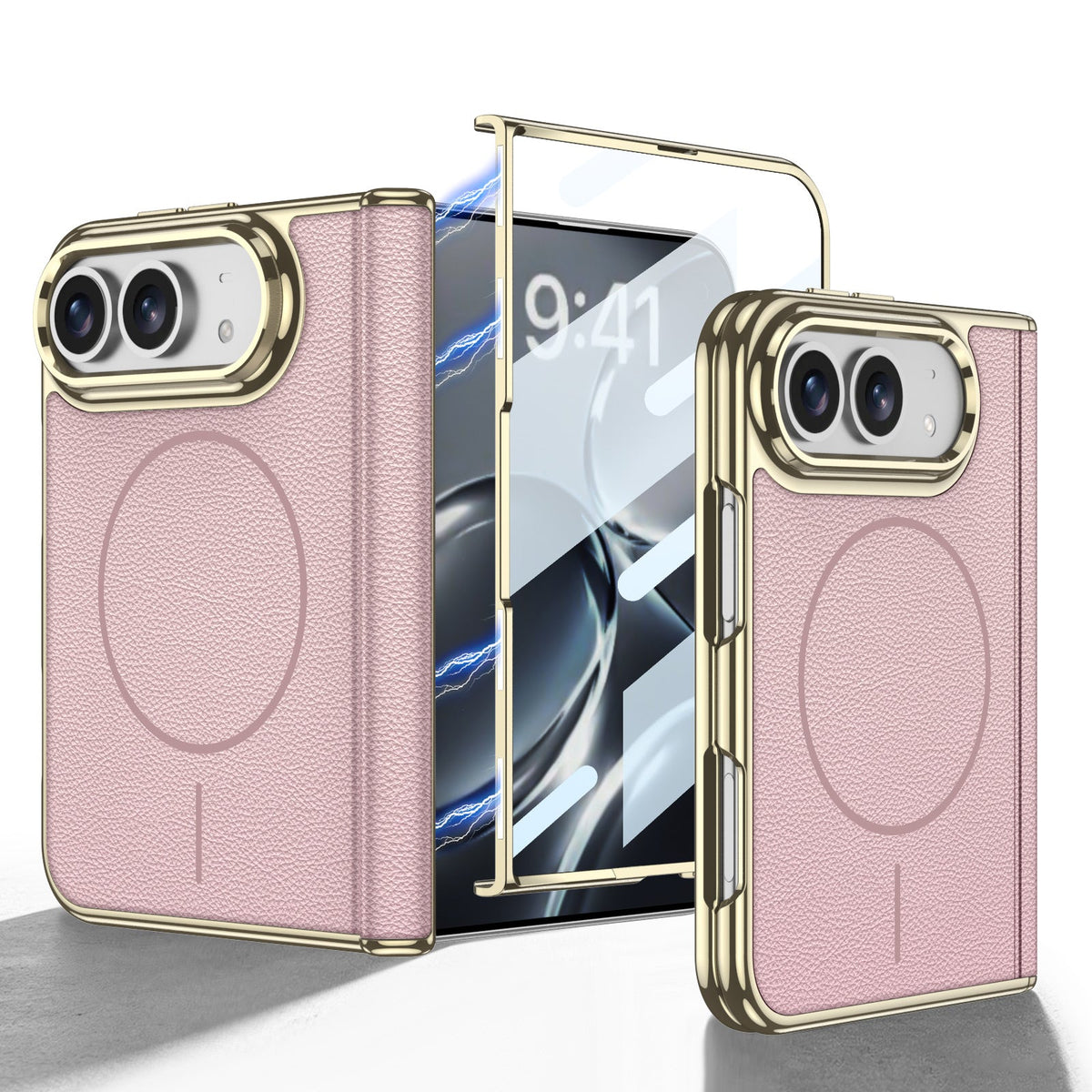 iPhone Duo - Golden Plating Leather Cover Built-in Tempered Glass Screen & Magnetic Coil