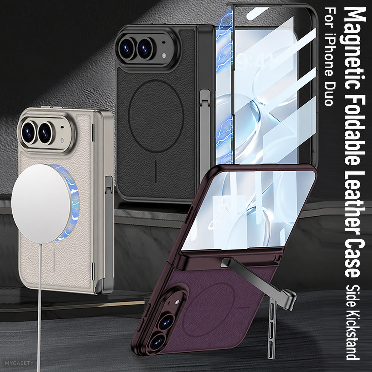 iPhone Duo - Magnetic Hinge Protection Leather Cover Built-in Tempered Glass Film & Tri?Fold Kickstand & Magnetic Ring