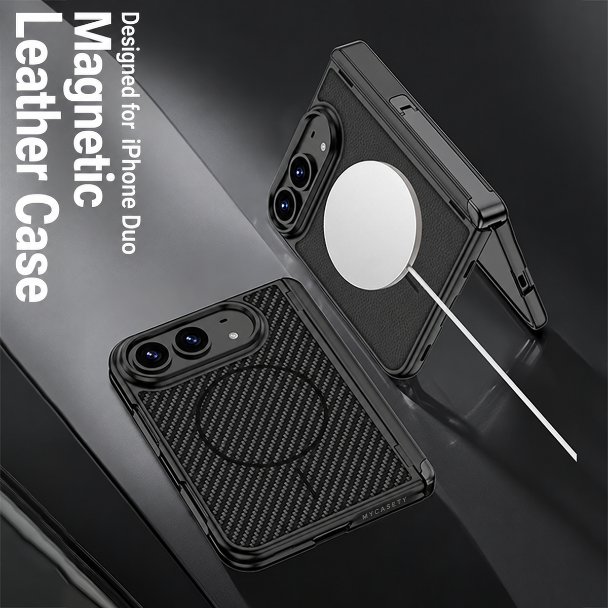 iPhone Duo - Magnetic Hinge Protection Leather Cover Built-in Tempered Glass Film & Tri?Fold Kickstand & Magnetic Ring