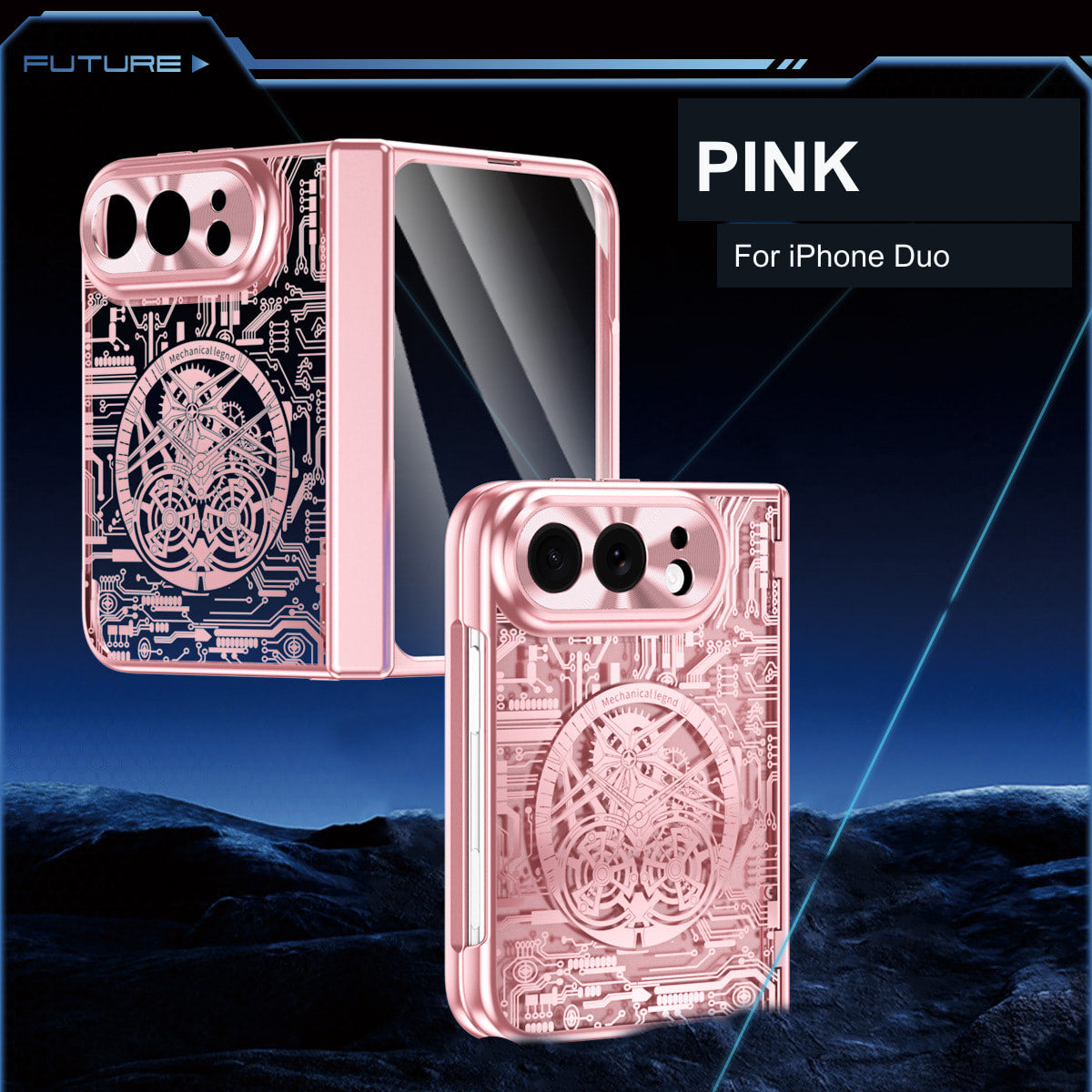 iPhone Duo | Mechanical-Pattern Case Built-in Tempered Glass Film & Hinge Protection
