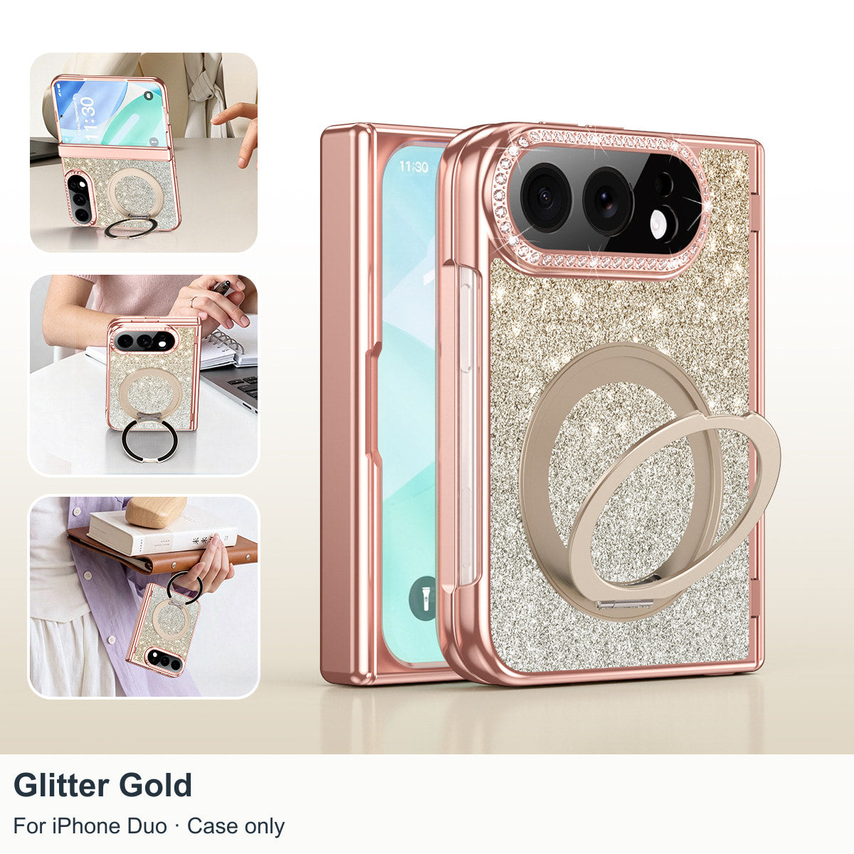 iPhone Duo | Glitter Rhinestone Case Built-in Tempered Glass Film & 360?? Magnetic Ring Stand