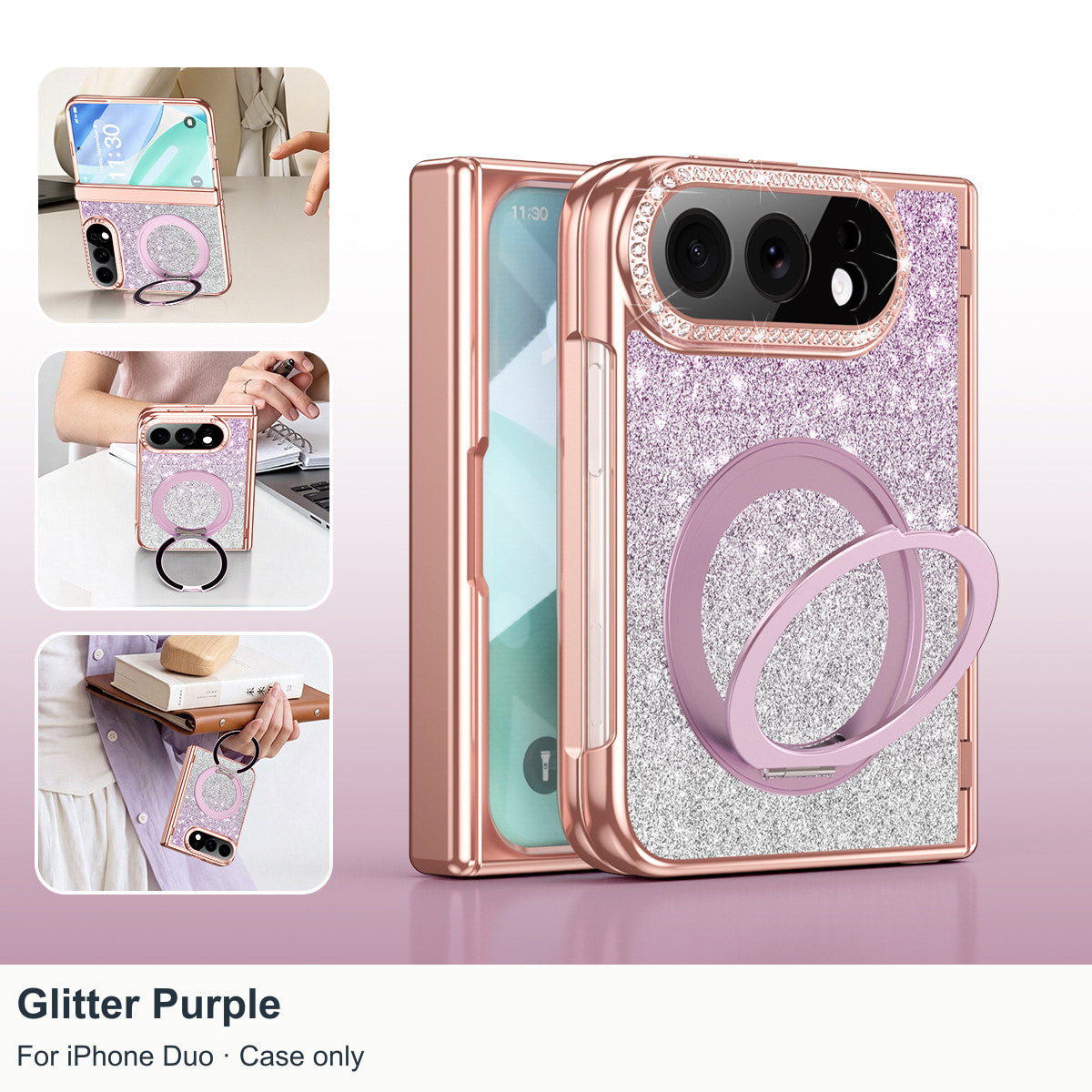 iPhone Duo | Glitter Rhinestone Case Built-in Tempered Glass Film & 360?? Magnetic Ring Stand