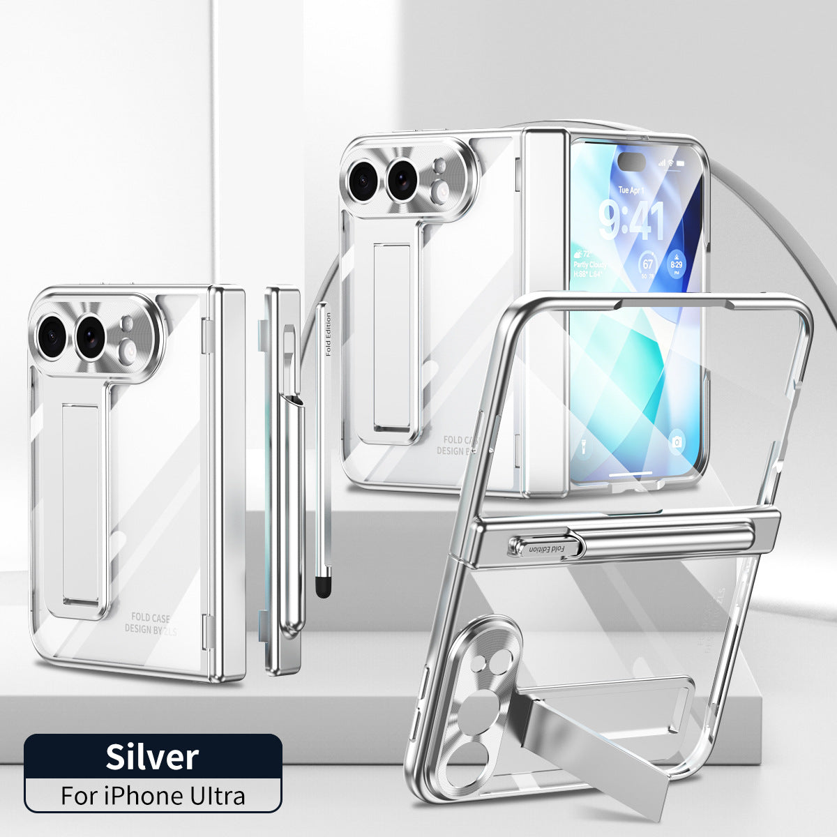 iPhone Duo | Golden Plating Clear Phone Case Built-in Tempered Glass Film & Magnetic Hinge & Stylus