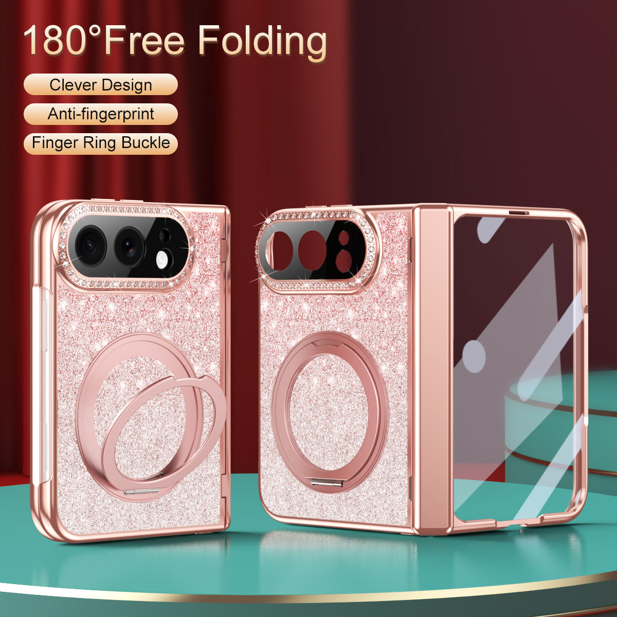 iPhone Duo | Glitter Rhinestone Case Built-in Tempered Glass Film & 360?? Magnetic Ring Stand