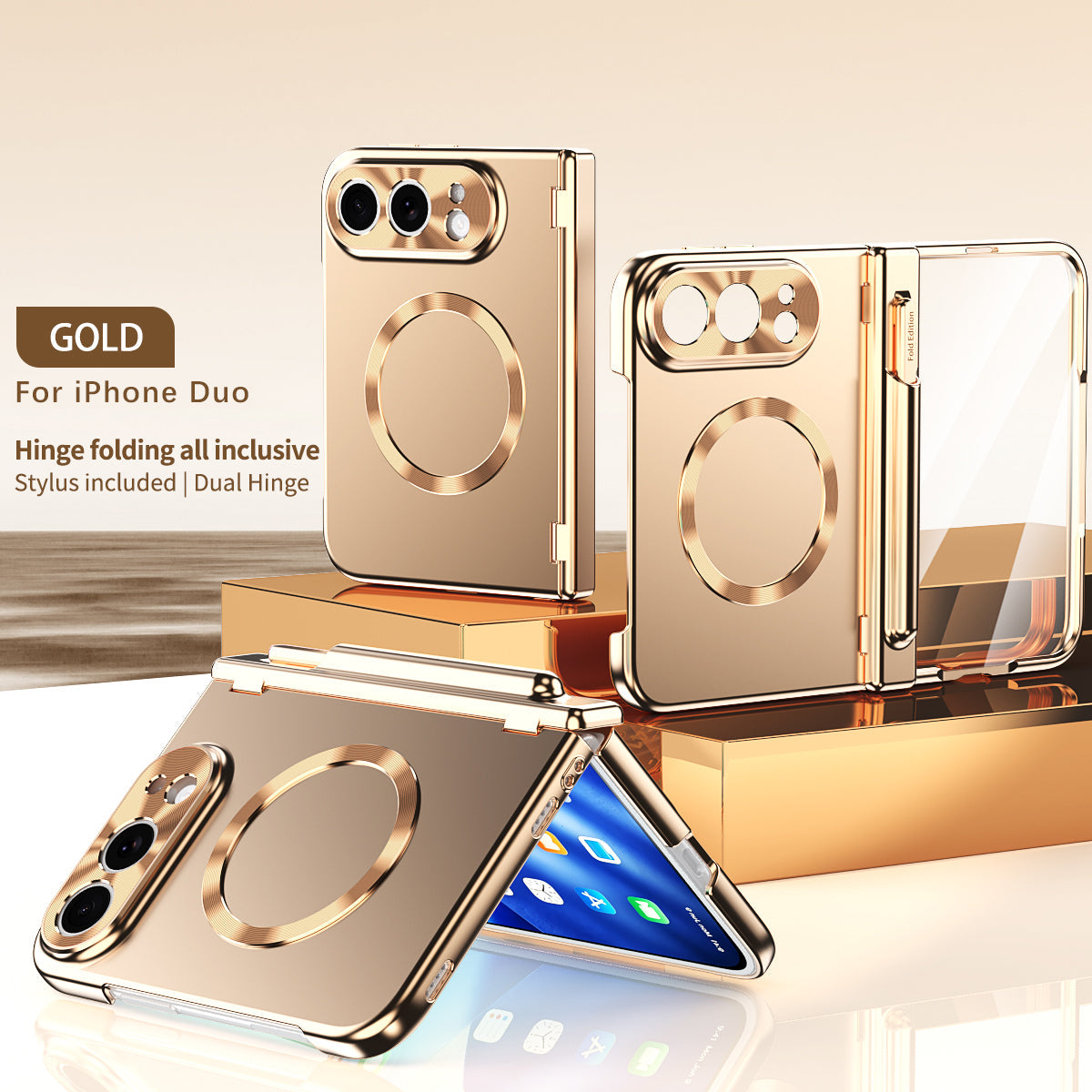 iPhone Duo | Golden Business Phone Case Built-in Tempered Glass Film & Stylus & Two Magnetic Hinge Options