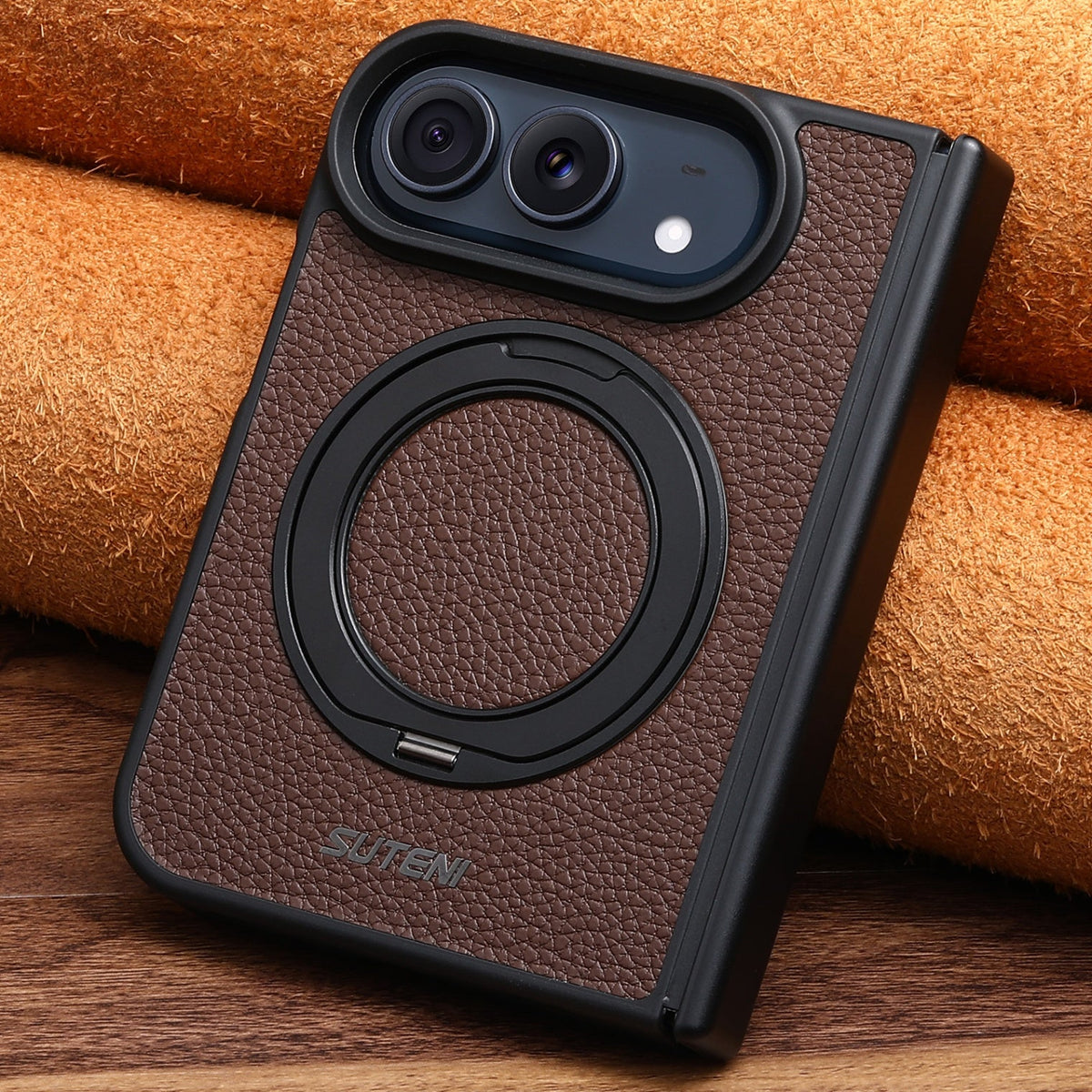 iPhone Duo | Pebbled Magnetic Leather Case with Hinge Protection & 360?? Ring Stand