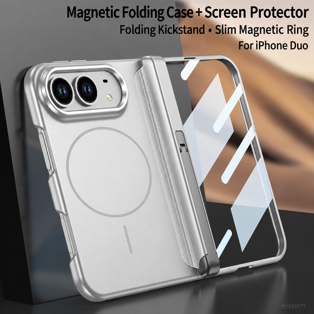 iPhone Duo - Magnetic Hinge Protection Business Cover Built-in Tempered Glass Film & Tri?Fold Kickstand & Magnetic Ring