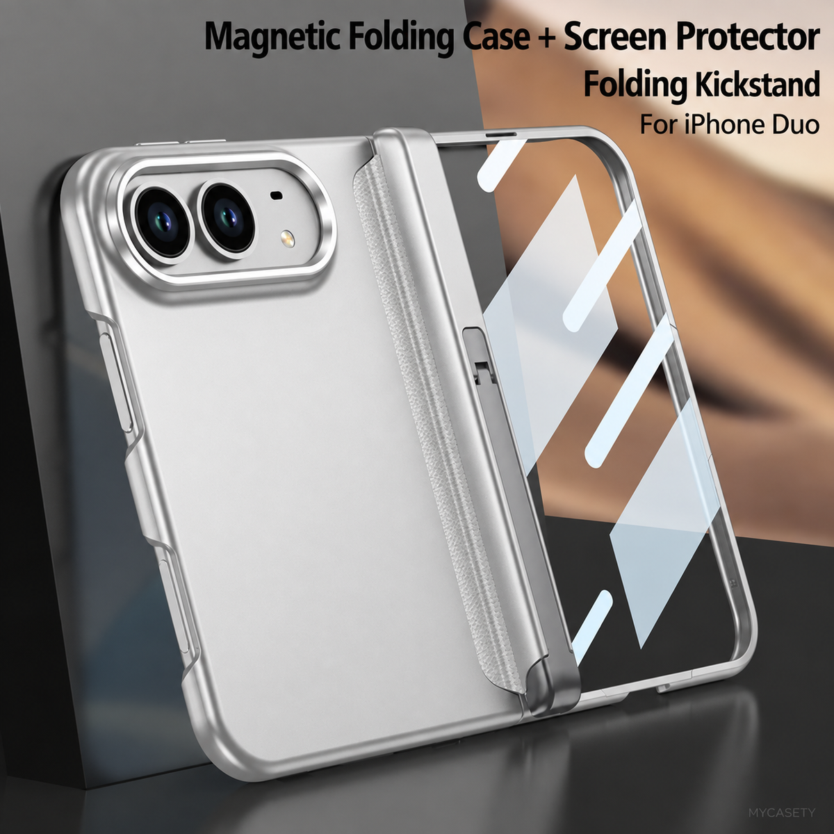 iPhone Duo - Magnetic Hinge Protection Business Cover Built-in Tempered Glass Film & Tri?Fold Side Kickstand