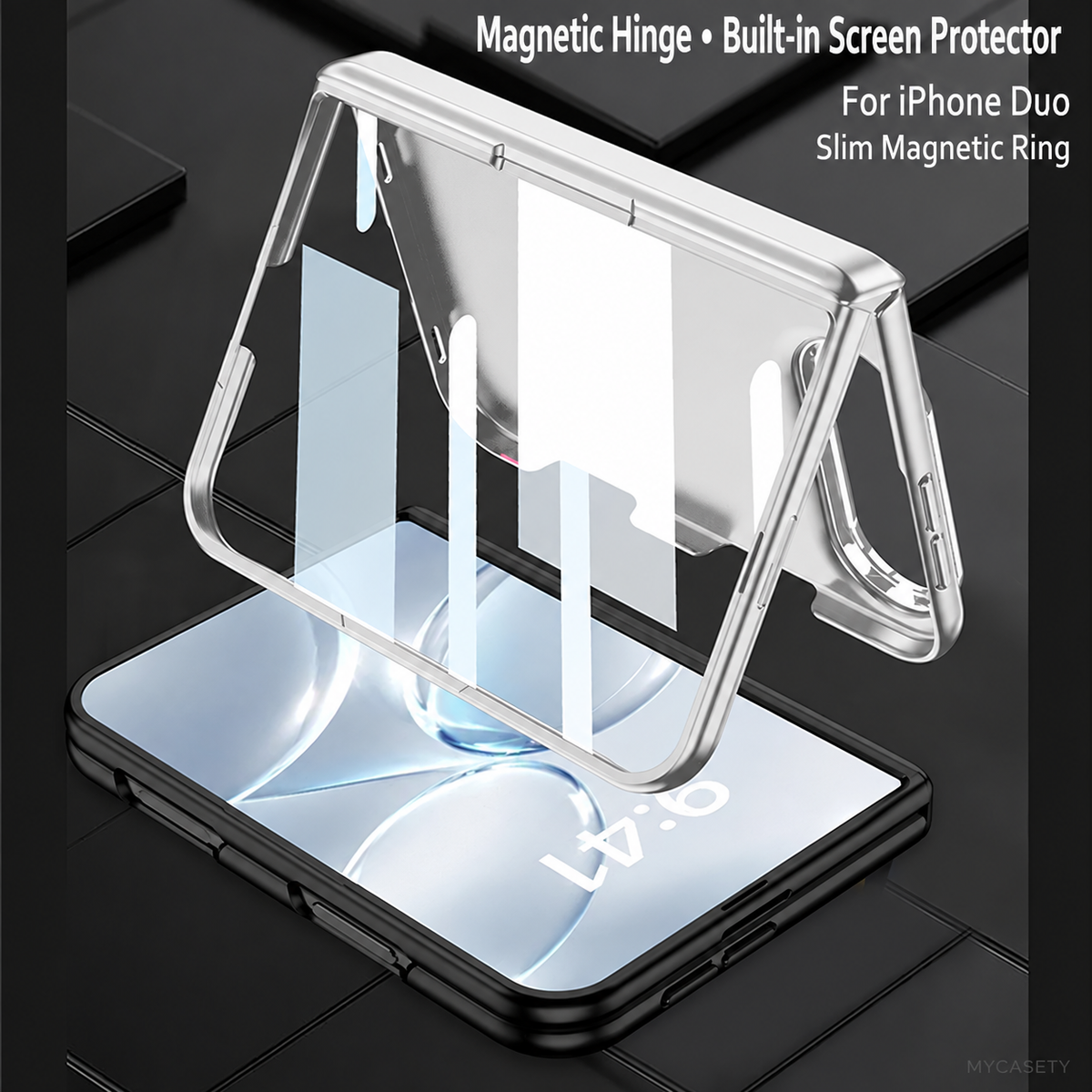 iPhone Duo - Magnetic Hinge Protection Fashion Cover Built-in Tempered Glass Film & Magnetic Ring