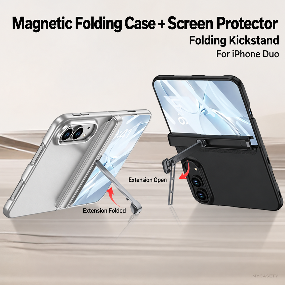 iPhone Duo - Magnetic Hinge Protection Business Cover Built-in Tempered Glass Film & Tri?Fold Side Kickstand