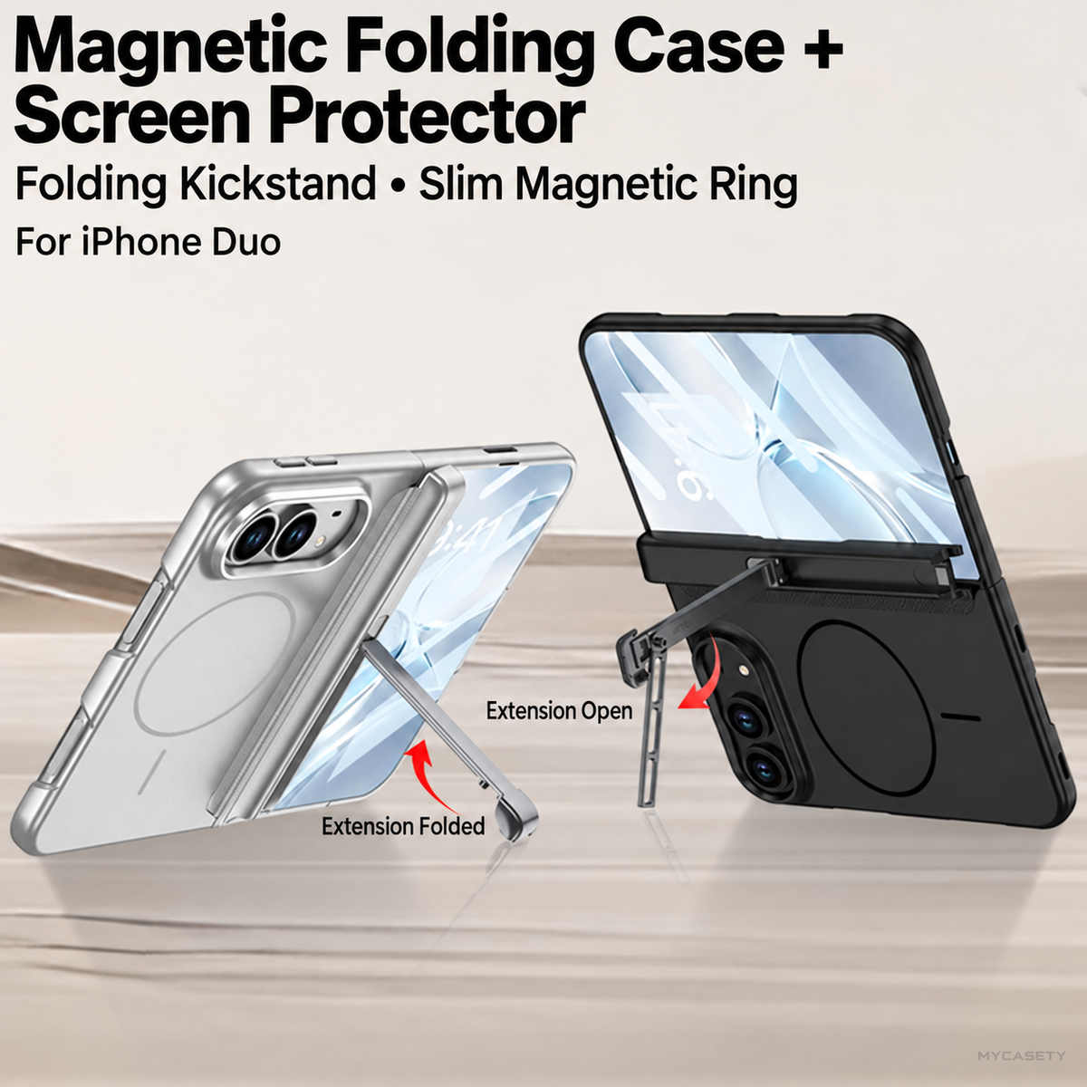 iPhone Duo - Magnetic Hinge Protection Business Cover Built-in Tempered Glass Film & Tri?Fold Kickstand & Magnetic Ring