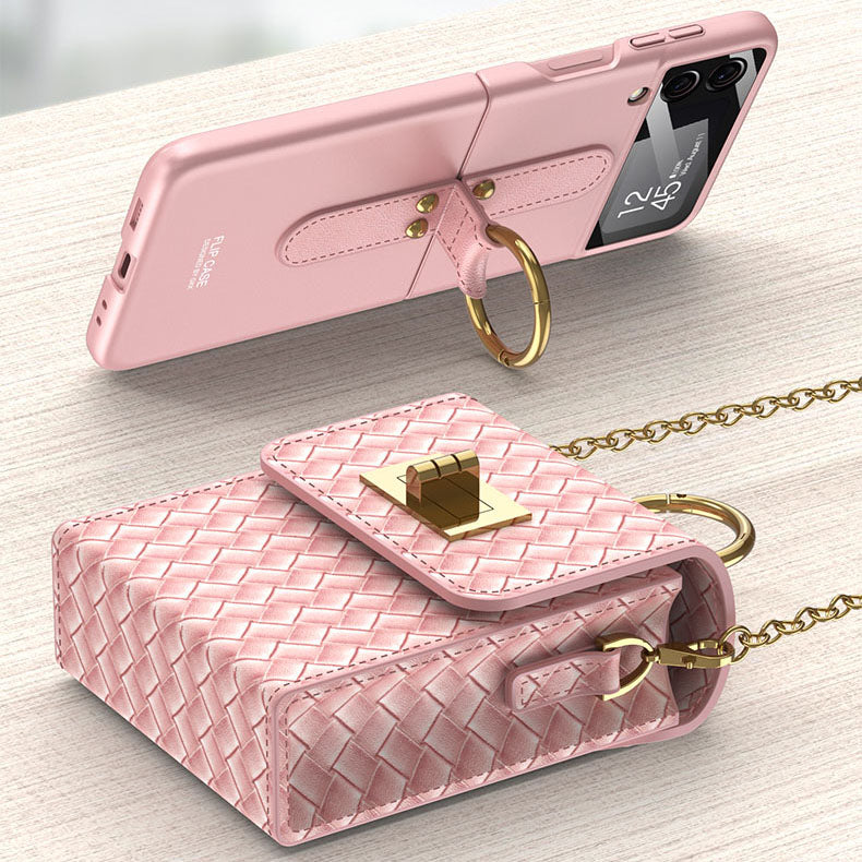 Luxury Leather Mini Phone Bag with Gold Chain For Samsung Galaxy Z Flip 3/4/5