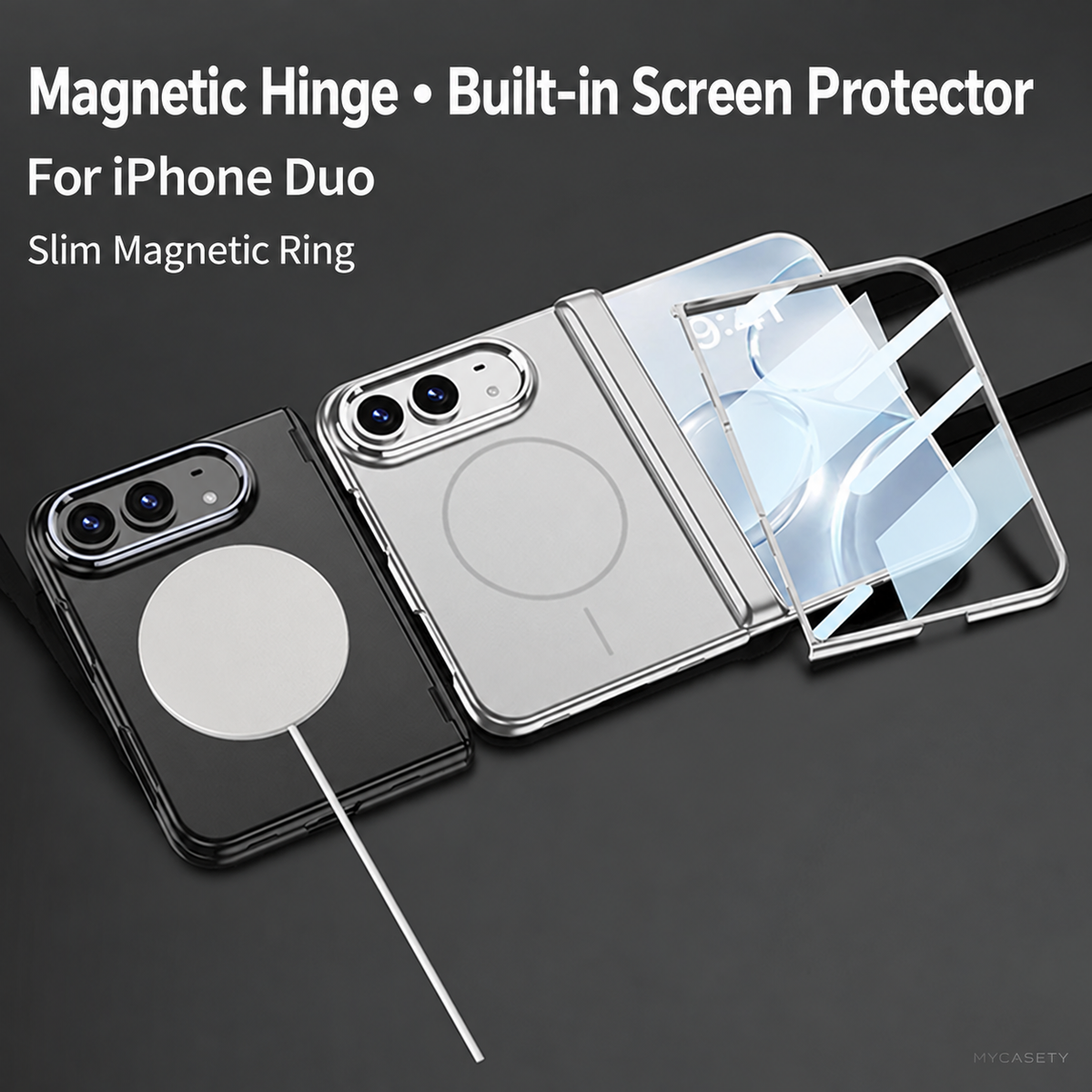 iPhone Duo - Magnetic Hinge Protection Fashion Cover Built-in Tempered Glass Film & Magnetic Ring