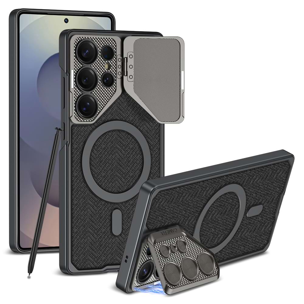 Magnetic Adjustable Camera Metal Kickstand Premium Rugged Protective Leather Case for Galaxy S24 Ultra