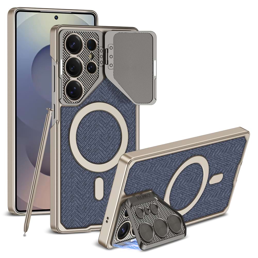 Magnetic Adjustable Camera Metal Kickstand Premium Rugged Protective Leather Case for Galaxy S24 Ultra