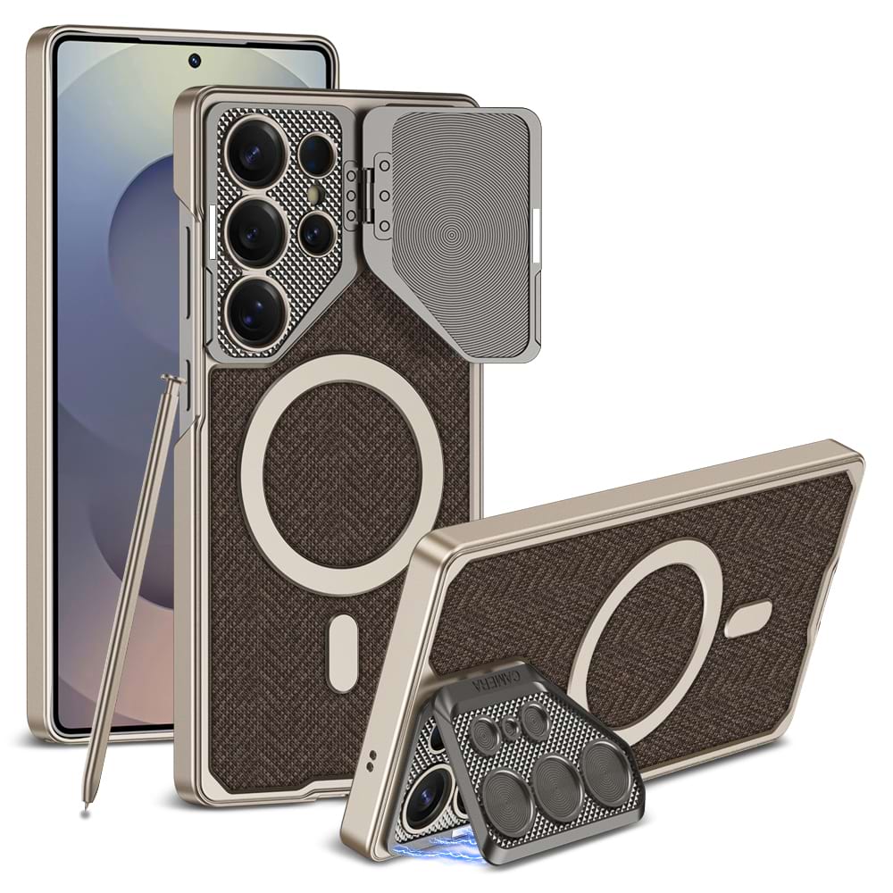 Magnetic Adjustable Camera Metal Kickstand Premium Rugged Protective Leather Case for Galaxy S24 Ultra