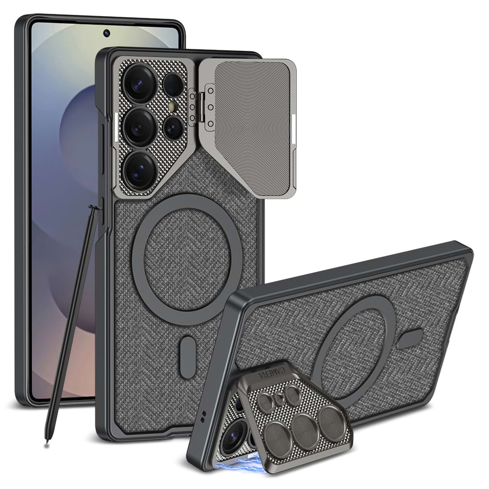 Magnetic Adjustable Camera Metal Kickstand Premium Rugged Protective Leather Case for Galaxy S24 Ultra