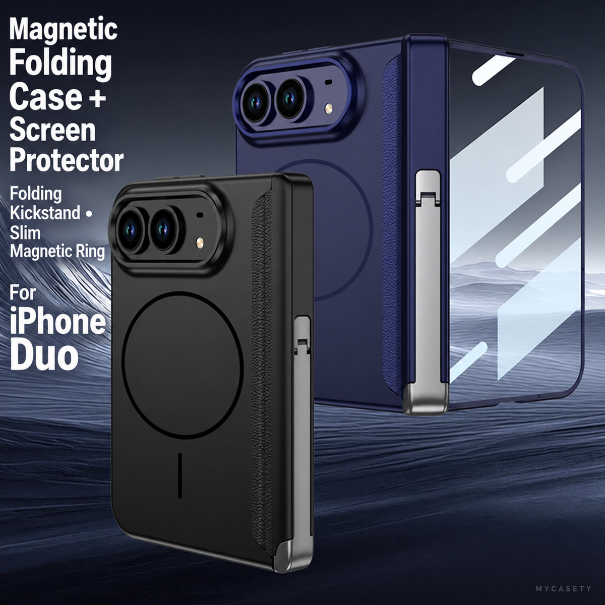 iPhone Duo - Magnetic Hinge Protection Business Cover Built-in Tempered Glass Film & Tri?Fold Kickstand & Magnetic Ring
