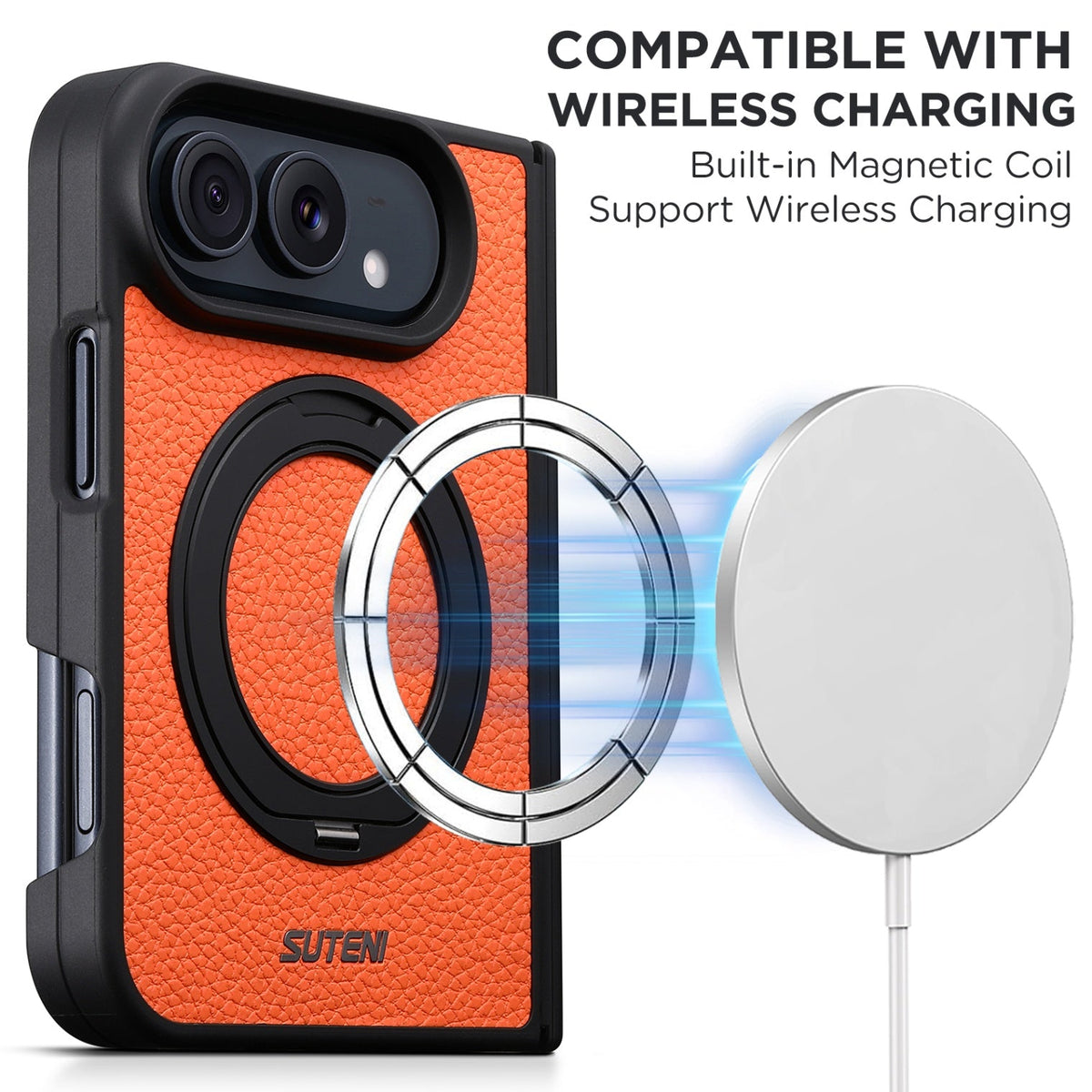 iPhone Duo | Pebbled Magnetic Leather Case with Hinge Protection & 360?? Ring Stand