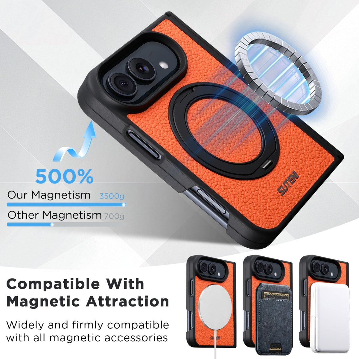 iPhone Duo | Pebbled Magnetic Leather Case with Hinge Protection & 360?? Ring Stand